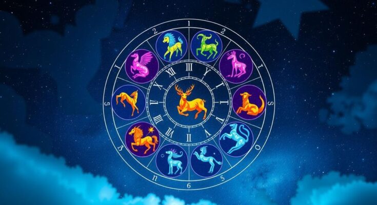 A vibrant illustration of the zodiac signs against a cosmic background with symbols and astrological elements.