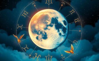Astrological theme featuring a vibrant night sky with a large moon and zodiac symbols in a deep blue and gold colour scheme.