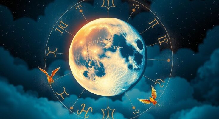 Astrological theme featuring a vibrant night sky with a large moon and zodiac symbols in a deep blue and gold colour scheme.
