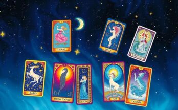 Artistic representation of zodiac signs with tarot cards under a starry sky in vibrant colours.