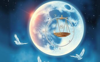 A vibrant cosmic scene showcasing a full moon in Libra surrounded by stars and astrological symbols, in a dreamy style.