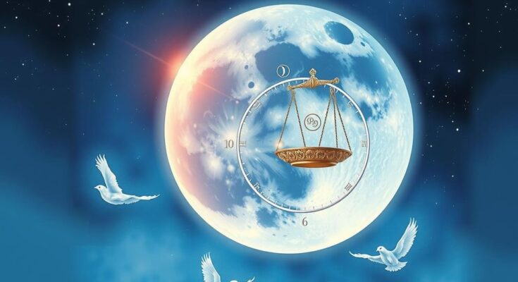 A vibrant cosmic scene showcasing a full moon in Libra surrounded by stars and astrological symbols, in a dreamy style.