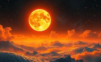 A celestial scene depicting a bright Sagittarius moon and vibrant stars with warm colours symbolising passion and energy.