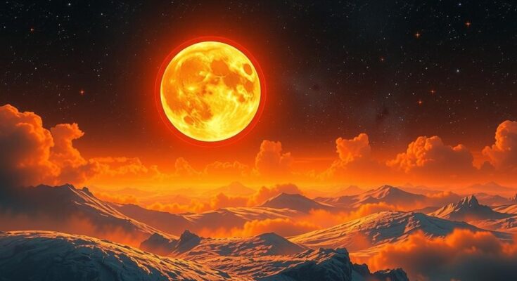 A celestial scene depicting a bright Sagittarius moon and vibrant stars with warm colours symbolising passion and energy.
