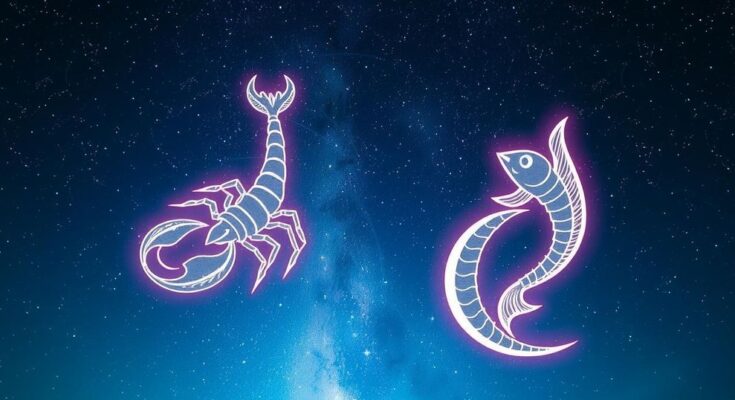 Astrological symbols representing Scorpio and Pisces surrounded by a starry night sky and glowing moon.