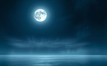 Celestial scene of a lunar eclipse over a serene landscape with rich blue and silver tones. Symbolizes renewal and reflection.