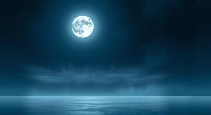 Celestial scene of a lunar eclipse over a serene landscape with rich blue and silver tones. Symbolizes renewal and reflection.