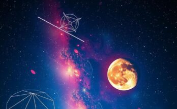 Starry night sky with a glowing waning gibbous moon, filled with vibrant cosmic colours and astrological symbols