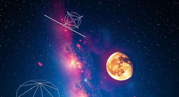 Starry night sky with a glowing waning gibbous moon, filled with vibrant cosmic colours and astrological symbols
