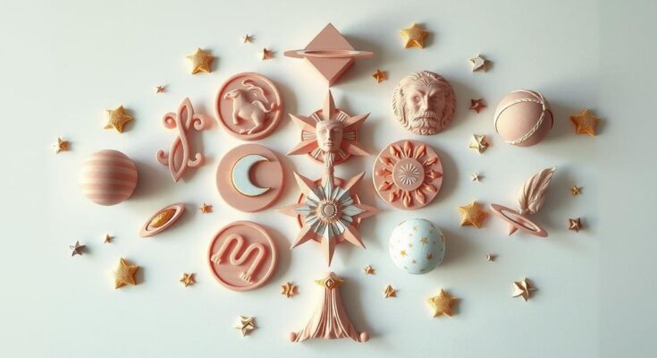 Celestial zodiac symbols with astrological elements in soft pastel colours suggesting harmony and guidance.