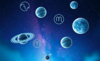 Cosmic scene depicting planets, stars, and zodiac symbols in calming blues and purples, representing love horoscopes.