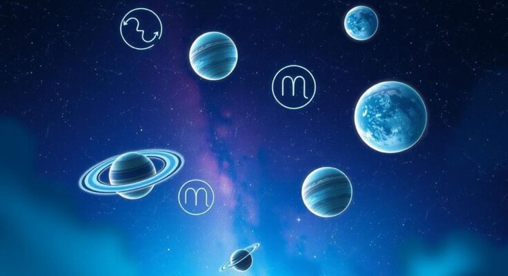 Cosmic scene depicting planets, stars, and zodiac symbols in calming blues and purples, representing love horoscopes.