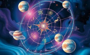 Celestial imagery depicting zodiac symbols under a starry, vibrant cosmic sky with planets swirling in a dark palette.