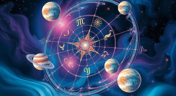 Celestial imagery depicting zodiac symbols under a starry, vibrant cosmic sky with planets swirling in a dark palette.