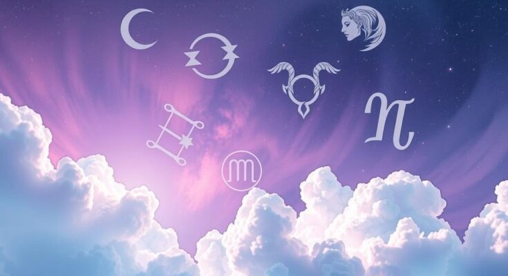 A serene cosmic scene featuring astrological symbols and zodiac signs intertwined with soft pastel colours.