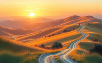 A tranquil landscape with a sunrise, symbolizing new beginnings and emotional highs and lows, in warm pastel tones.