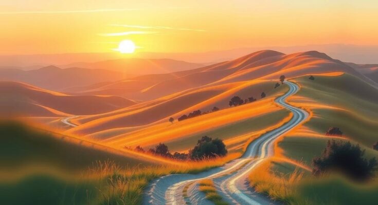 A tranquil landscape with a sunrise, symbolizing new beginnings and emotional highs and lows, in warm pastel tones.