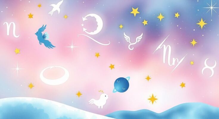 Celestial theme representing Zodiac signs with pastel colours and starry elements, conveying harmony and guidance.