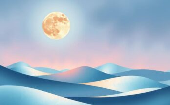 A calming celestial scene depicting a lunar landscape with soft pastel colours, embodying emotional balance.