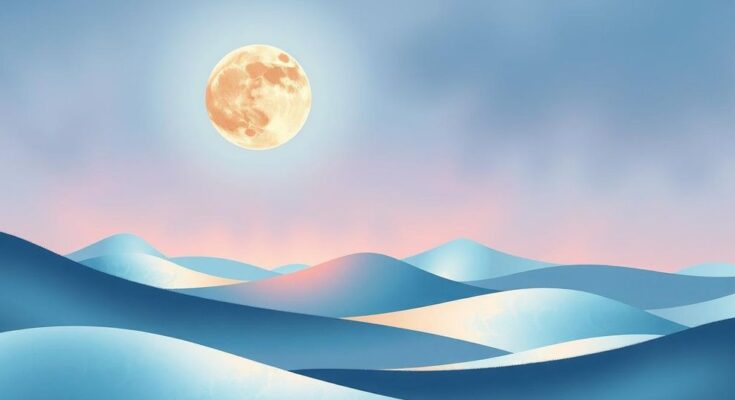 A calming celestial scene depicting a lunar landscape with soft pastel colours, embodying emotional balance.