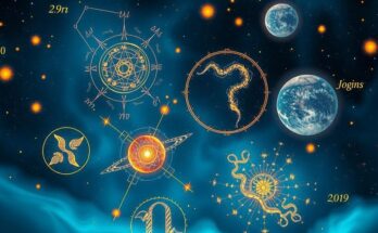 A cosmic scene with zodiac constellations, planets, and stars in deep blue and gold colours representing astrology.