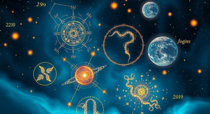 A cosmic scene with zodiac constellations, planets, and stars in deep blue and gold colours representing astrology.