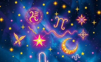 Colourful zodiac symbols representing relationships with stars and constellations in a cosmic background.
