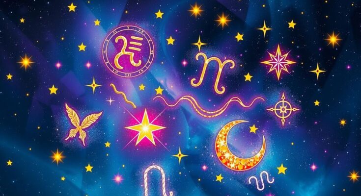 Colourful zodiac symbols representing relationships with stars and constellations in a cosmic background.