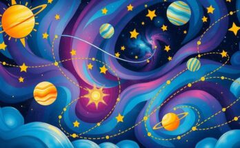 Abstract representation of cosmic energy with vibrant hues, highlighting themes of abundance, action, and confidence in astrology.