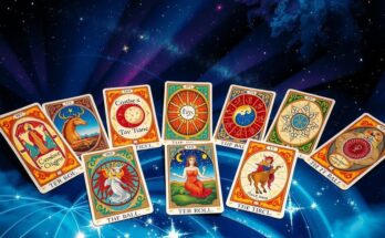 Tarot card illustrations depicting zodiac signs and mystical symbols on a celestial background.