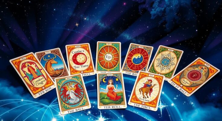 Tarot card illustrations depicting zodiac signs and mystical symbols on a celestial background.