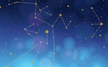 Astrology-themed illustration showing zodiac signs with celestial bodies and a night sky, in pastel colours.