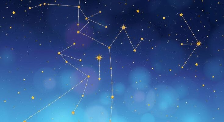 Astrology-themed illustration showing zodiac signs with celestial bodies and a night sky, in pastel colours.