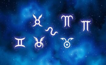 Astrological symbols of zodiac signs with a cosmic background in rich blues and purples.