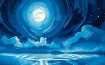 Starry night sky with a full moon illuminating a vast landscape, symbolizing transformation and new beginnings.