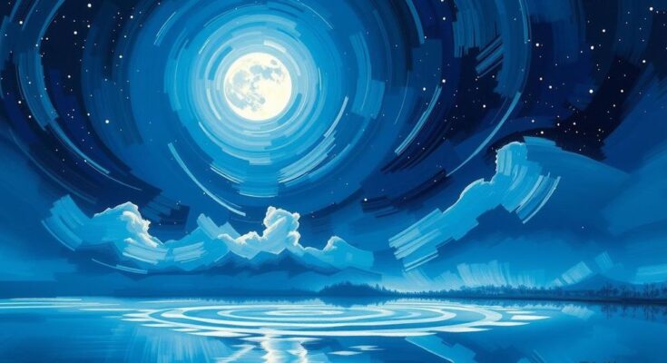 Starry night sky with a full moon illuminating a vast landscape, symbolizing transformation and new beginnings.