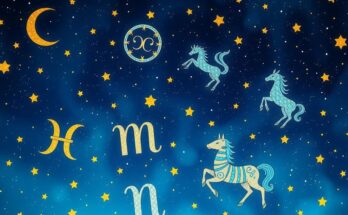 A celestial scene depicting zodiac signs in a starry night sky with astrological symbols, hinting at a mystical forecast.