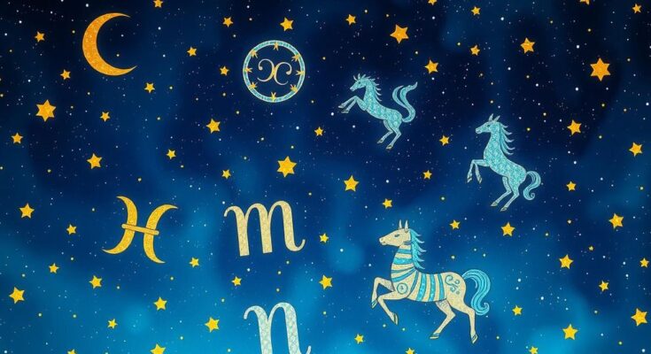 A celestial scene depicting zodiac signs in a starry night sky with astrological symbols, hinting at a mystical forecast.