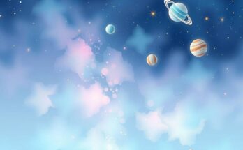A serene cosmic scene with zodiac symbols, stars, and planets blending pastel colours of blue and lavender.