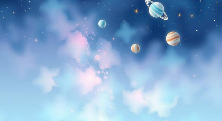A serene cosmic scene with zodiac symbols, stars, and planets blending pastel colours of blue and lavender.