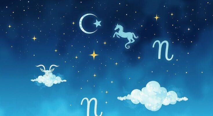 Celestial scene depicting the zodiac signs with a colourful night sky and twinkling stars