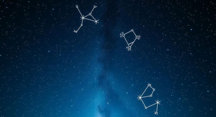 A vibrant starry night sky with constellations representing different zodiac signs, reflecting astrological themes.