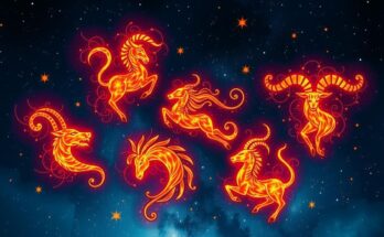 Five vibrant zodiac symbols arranged in a celestial design, surrounded by starry hues and dynamic flame-like patterns.