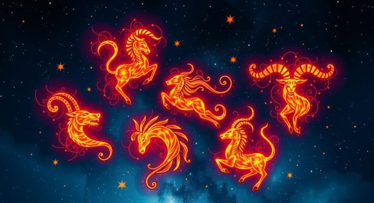 Five vibrant zodiac symbols arranged in a celestial design, surrounded by starry hues and dynamic flame-like patterns.