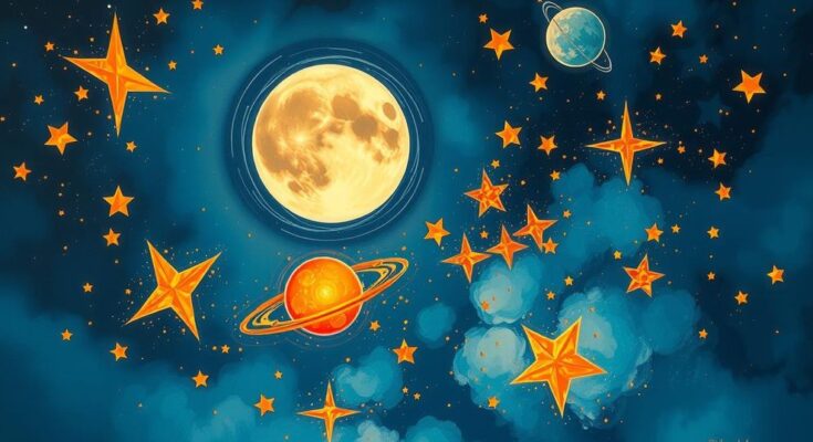 A cosmic scene showcasing the waning gibbous Moon and vibrant celestial bodies in a harmonious arrangement.