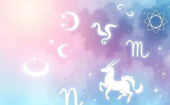 A celestial scene depicting constellations, planets and zodiac symbols in soft pastel colours.