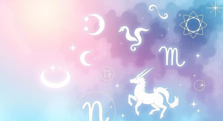 A celestial scene depicting constellations, planets and zodiac symbols in soft pastel colours.