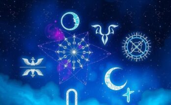 Astrological symbols surrounded by a celestial night sky with vibrant star patterns representing zodiac forecasts.
