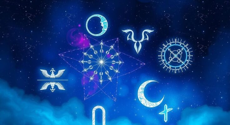 Astrological symbols surrounded by a celestial night sky with vibrant star patterns representing zodiac forecasts.