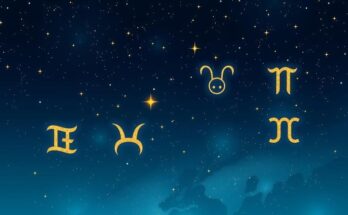 A celestial illustration of zodiac symbols in a starry night sky, featuring a deep blue and gold colour scheme.